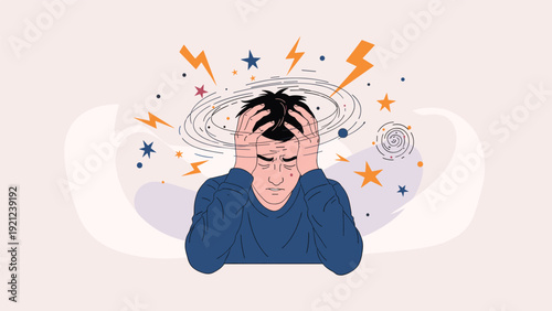 Man experiencing intense stress, dizziness, or a severe headache, with swirling lines and lightning bolts radiating from his head, symbolizing mental pressure.