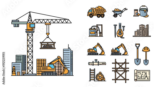 Construction site featuring a crane and excavator, complemented by a set of construction tools and equipment icons, representing the industry.