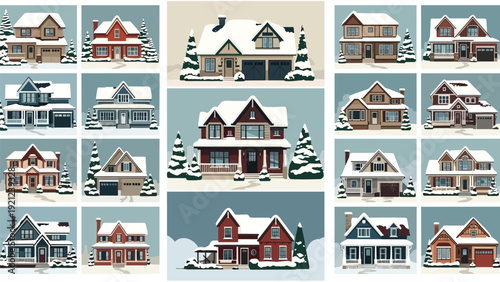 Grid display of charming residential houses blanketed in pristine white snow, capturing the serene and picturesque essence of winter neighborhood scenes.
