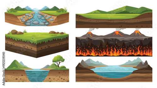 Collection of cross-section illustrations depicting diverse natural landscapes and geological features, including rivers, lakes, and volcanoes.