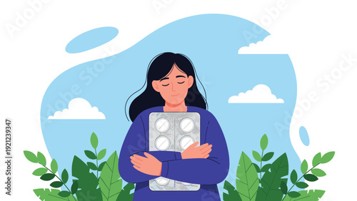 Woman hugging a blister pack of pills surrounded by plants, symbolizing health, well-being, and the connection between medical treatment and nature.