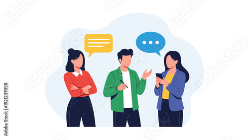 Three individuals, two women and one man, engaged in an active conversation with speech bubbles, symbolizing communication, discussion, and social interaction.