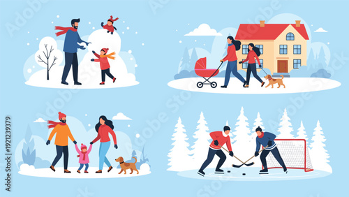Four delightful winter scenes depicting various seasonal activities, including families playing in snow, walking, and people playing ice hockey.