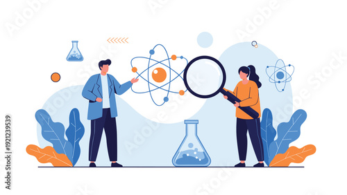 Two dedicated scientists engaging with an atom model and magnifying glass, surrounded by laboratory flasks, symbolizing scientific research and discovery.