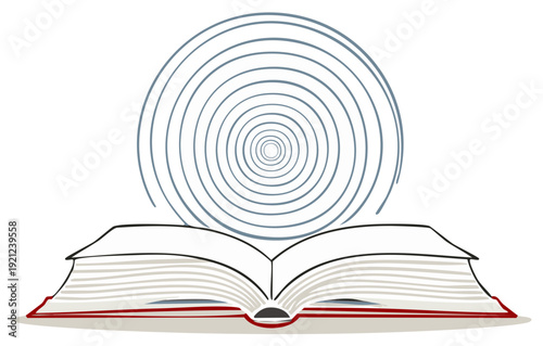 Open book with red spine and abstract concentric circles above symbolizing knowledge and ideas