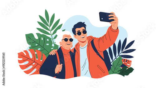 Happy grandson taking a joyful selfie with his smiling grandmother, surrounded by vibrant tropical plants, symbolizing family bonding and shared moments.