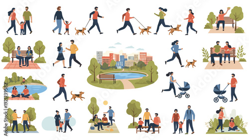 Large collage depicting diverse people enjoying various leisure activities in a vibrant city park, including walking, running, and relaxing.