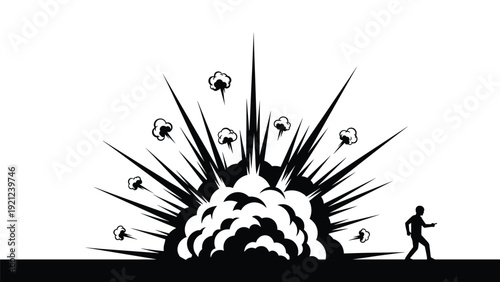 Silhouette of a person walking away from a large explosion, symbolizing danger, disaster, escape, and the aftermath of a catastrophic event.