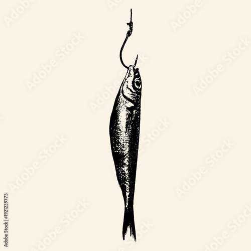Fish on Fishing Hook Ink Illustration