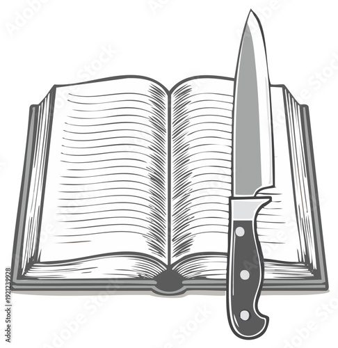 Open Recipe Book with Chef's Knife Illustration
