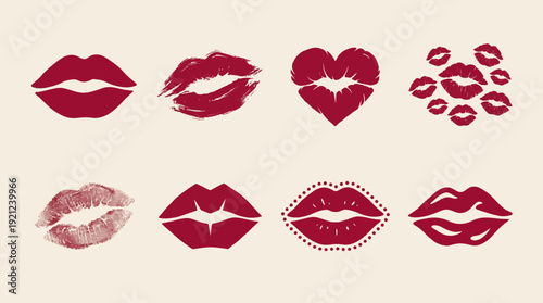 Stylized lips and lip prints vector, artistic kiss mark illustration set, beauty and fashion outline graphics, romantic symbols, decorative design elements for creative projects
