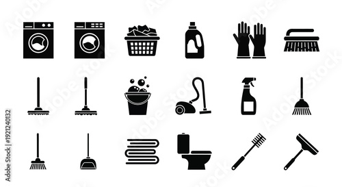 Black icons depict various laundry and cleaning tools silhouette