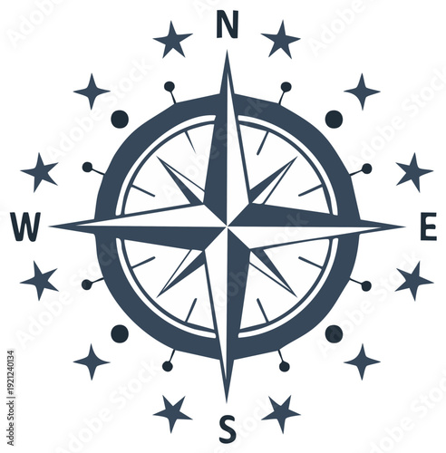 Nautical compass illustration with stars for navigation and direction