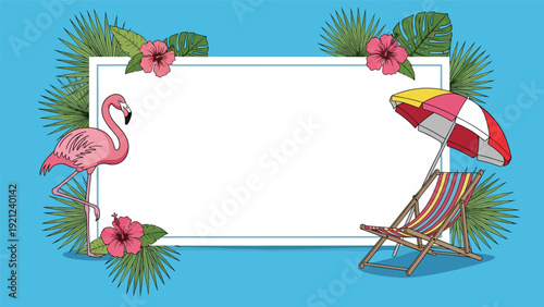 Vibrant summer banner featuring a graceful flamingo, beach chair, umbrella, and tropical leaves and flowers, perfect for holiday promotions.