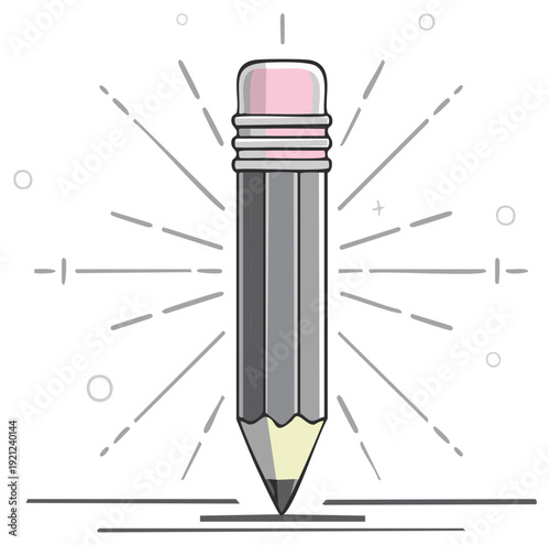 Graphic illustration of a sharpened pencil with a pink eraser radiating lines of inspiration and creativity.