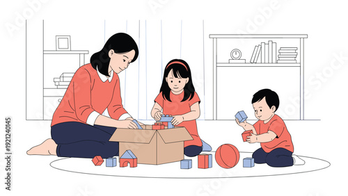Mother playing with her two children, a girl and a toddler boy, building with blocks, symbolizing family bonding and playful learning.