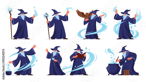 Eight dynamic poses depicting a wizard casting spells, holding an owl, reading a book, and stirring a cauldron, illustrating fantasy magic.