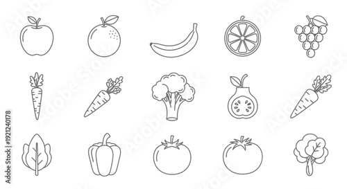 Collection of various hand-drawn vegetable and fruit illustrations displayed together