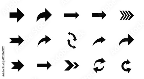 Collection of black arrow icons depicting direction and movement silhouette