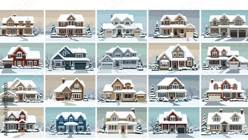 Large grid of charming residential houses blanketed in pristine snow, capturing the serene and picturesque essence of winter neighborhoods and homes.