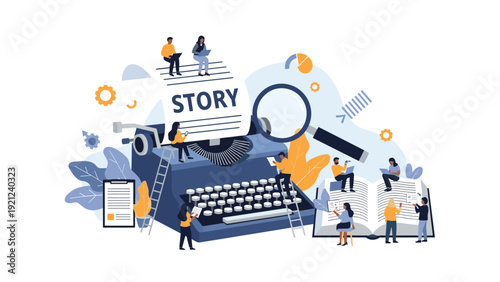 People around a giant typewriter, "STORY" document, books, and magnifying glass, symbolizing storytelling, content creation, and in-depth research.