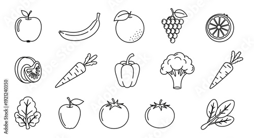 A collection of various fruits and vegetables illustrated in a simple line art style, showcasing a variety of healthy eating options