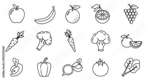 Collection of various fruits and vegetables illustrated in a simple line art style