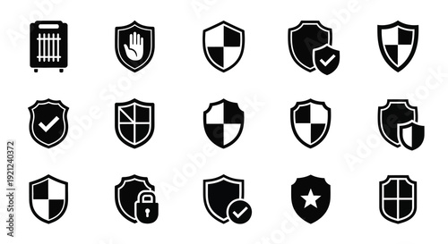 Collection of black shield icons and security symbols a stark silhouette