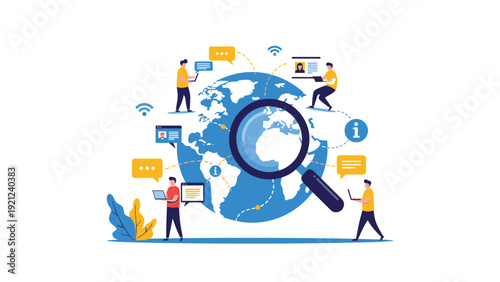 Illustrating global search and communication, a magnifying glass over a world map, surrounded by small people with speech bubbles and digital devices.