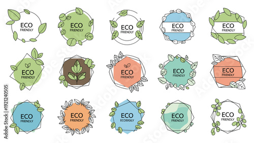Diverse collection of "Eco Friendly" labels and badges, featuring leaves and natural elements, ideal for promoting sustainable products and environmental awareness.