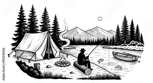 Fishing Camping Adventure: Man with Rod and Tent by Mountain Lake
