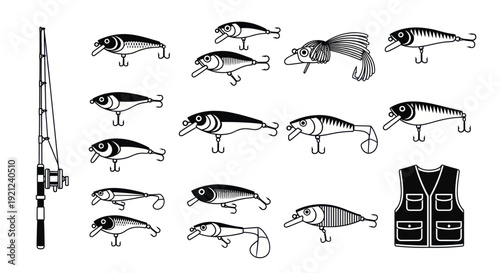 Fishing Gear Collection: Rod, Lures, and Vest - Hand-Drawn Black and White Illustration