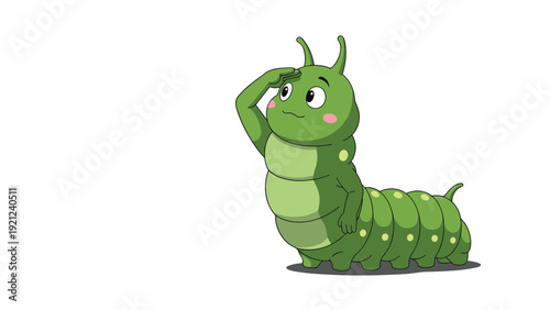 Cute cartoon green caterpillar character standing up and saluting, conveying a friendly and cheerful demeanor in a simple, playful illustration.