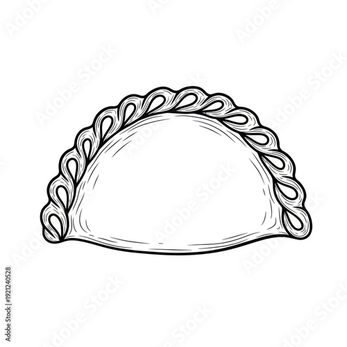 Hand-drawn illustration of a delicious empanada with crimped edge, isolated on white background.