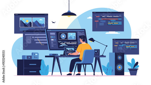 Professional man working on video editing software across multiple screens, surrounded by sound equipment and decorative plants in a modern workspace.