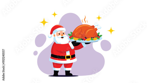 Jolly Santa Claus holding a perfectly roasted turkey on a platter, ready for a delicious Christmas or Thanksgiving festive holiday meal.