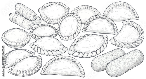 Hand-drawn illustration of empanadas and savory pastries, isolated on white background