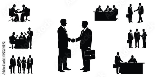 Business handshake silhouette illustration, teamwork negotiation design tribute, leadership collaboration graphic, professional networking concept, office agreement flat vector illustration