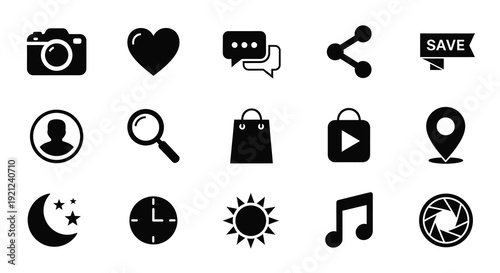 Collection of black social media and utility icons in a silhouette