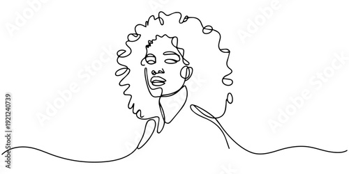 African American women Continuous one line drawing, Face of an Afro American woman in a modern abstract minimalist one line style with minimal shapes. Continuous black line of an African girl simple
