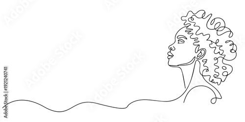 African American women Continuous one line drawing, Face of an Afro American woman in a modern abstract minimalist one line style with minimal shapes. Continuous black line of an African girl simple