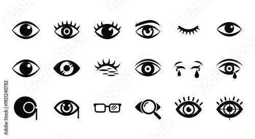 A collection of various eye designs and styles in black silhouette