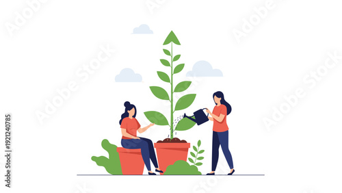 Two women collaboratively watering and tending to a large plant growing upward, symbolizing successful business growth, investment, and sustainable development.