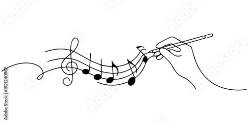 musical notes with hand continuous one line drawing, Hands hold treble clef and musical note one line art, hand drawn continuous contour. Artistic creative concept, minimalist design. Editable stroke.