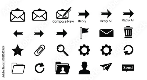Collection of black email and office icons a distinct silhouette
