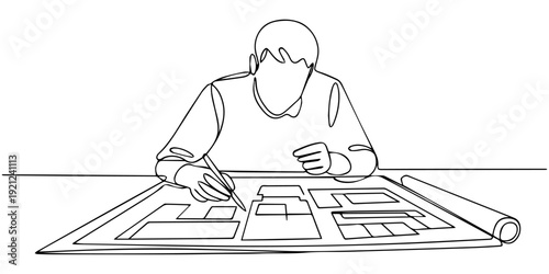 young company manager do quality control to sketch draft blueprint design continuous one line drawing, Single continuous line drawing of young company manager do quality control to sketch draft 