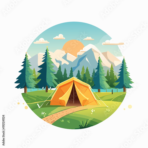 Vibrant campsite illustration with tent and mountains at sunrise