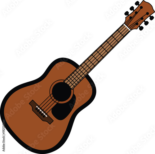 Acoustic guitar vector illustration with a warm brown body, black pickguard, and dark wood fretboard, featuring six tuning pegs and strings. isolated on White Background