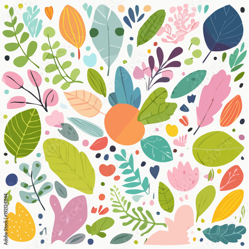 Abstract botanical illustration featuring various colorful leaves and plant elements