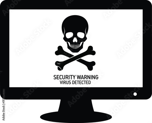 Security warning sign on computer monitor with skull and crossbones